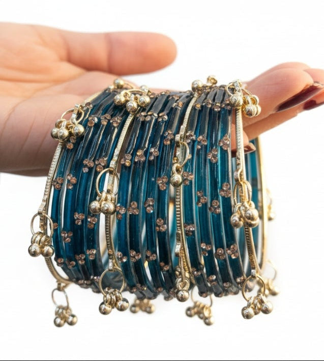 Peacock colour kashmiri bangles 12 pieces bangles & 4 ghungroo bangles