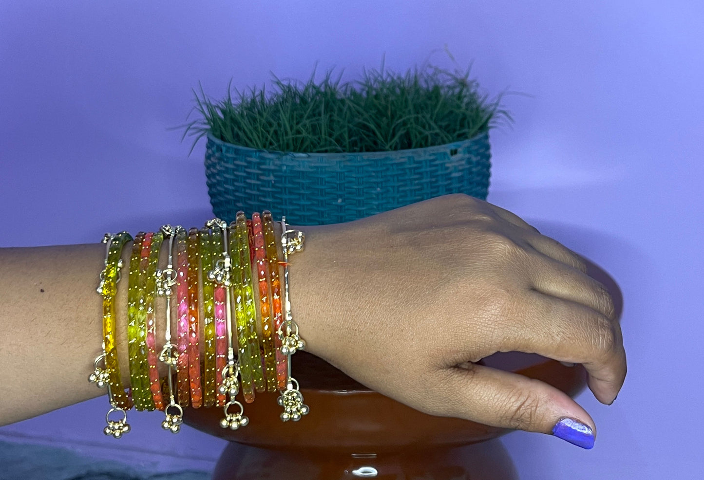 Kashmiri bangals multicolour 12 pieces bangals and 4 pics ghungroo bangles. size 2.6,2.4,2.8