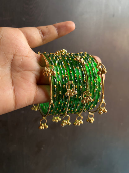 Green Kashmiri  bangles 12 pieces bangles & 4 pics ghungroo bangles