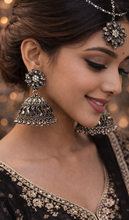 black silver jhumka earrings Tika