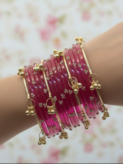 Pink kashmiri bangels 12 pieces bangels and 4 pics ghungroo bangles size