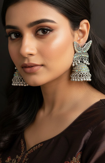 Butterfly silver jhumkas