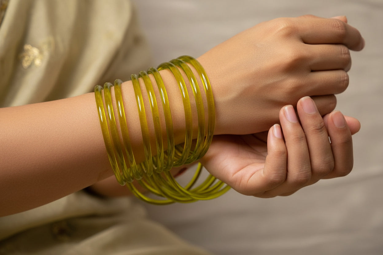 Pear colour jelly bangles with ghungroo bangles
