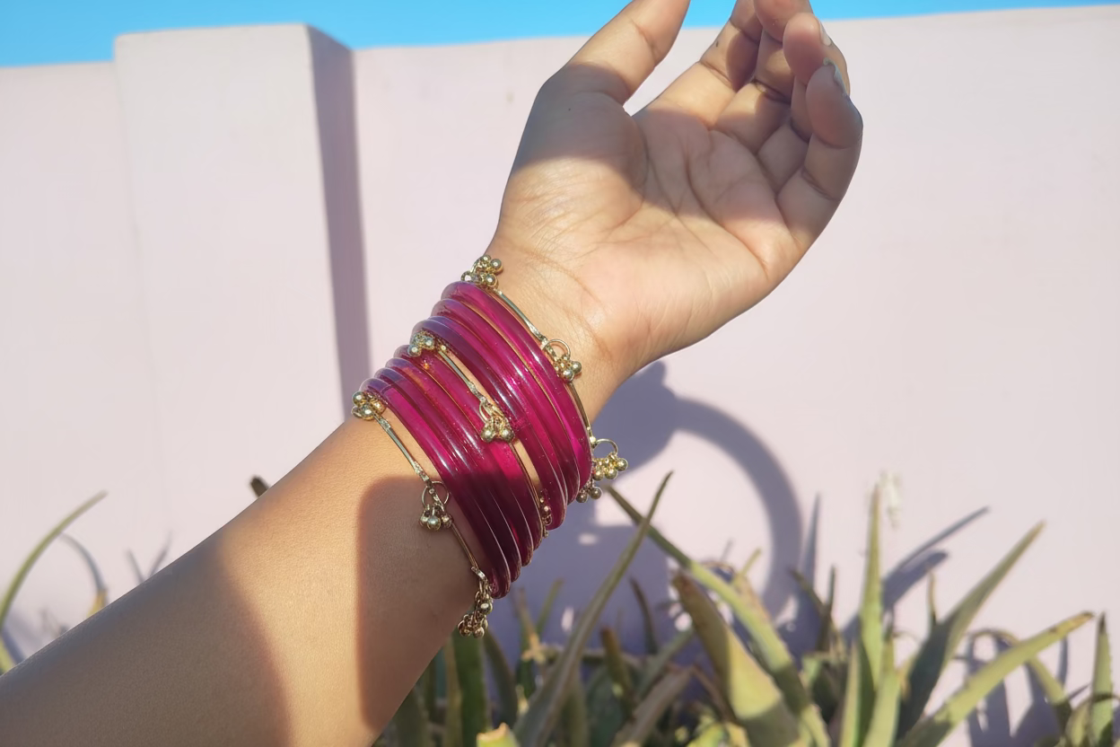 Pink jelly bangles with ghungroo bangles