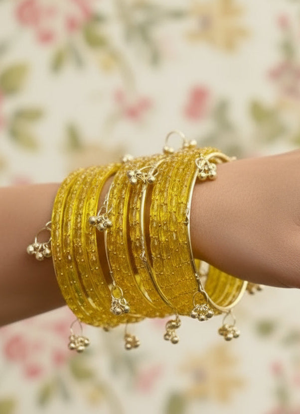 Yellow  Kashmiri  bangles 12 pieces bangles &4 pics ghungroo bangles