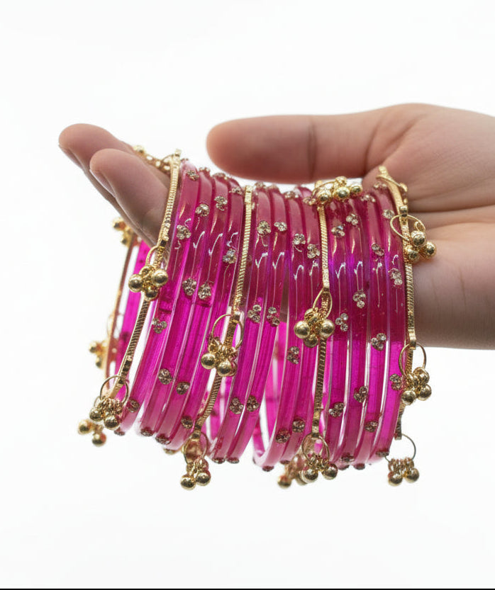 Pink kashmiri bangels 12 pieces bangels and 4 pics ghungroo bangles size