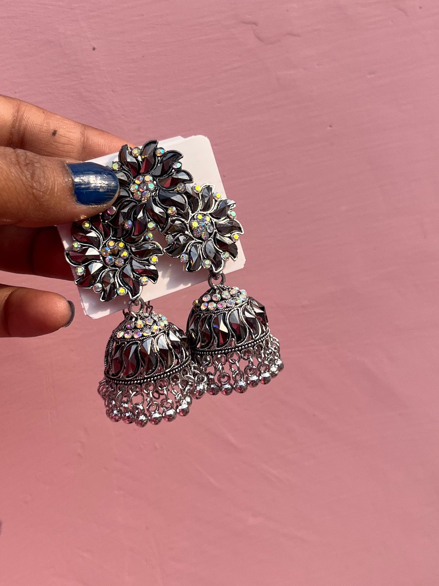 black silver jhumka earrings Tika