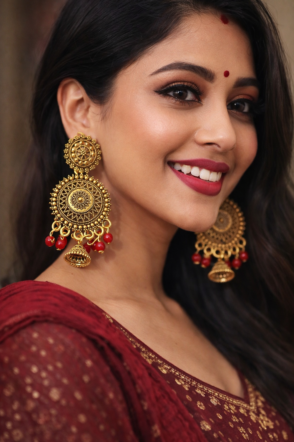 Artificial gold plated red earrings
