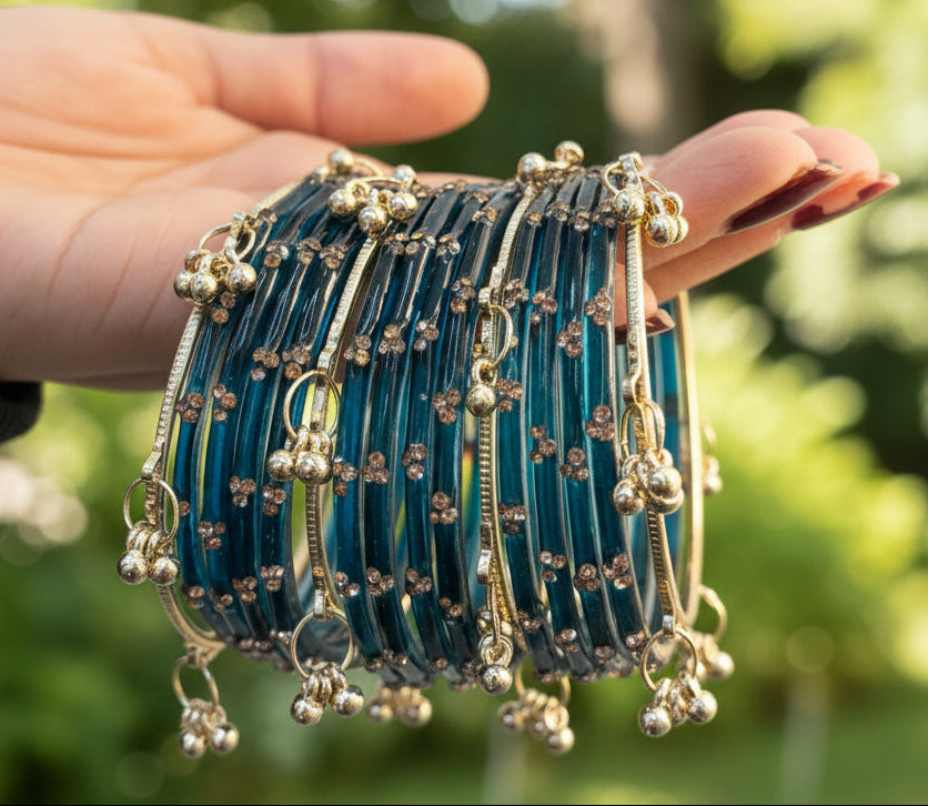 Peacock colour kashmiri  bangles 12 pieces bangles & 4 ghungroo bangles