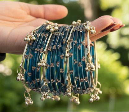 Peacock colour kashmiri  bangles 12 pieces bangles & 4 ghungroo bangles