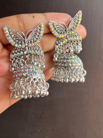 Butterfly silver jhumkas