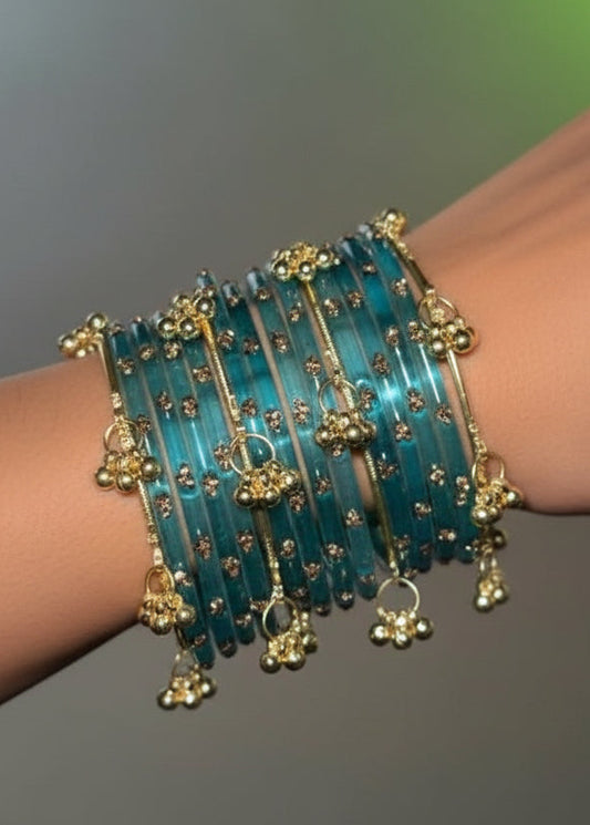 Teal Kashmiri bangles 12 pieces bangles & 4 pics ghungroo bangles size