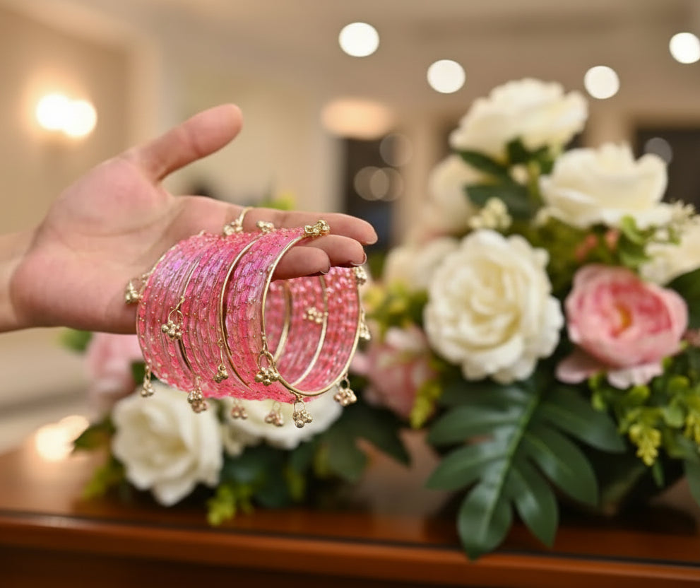 Pink kashmiri bangles 12 pieces bangals & 4 pics ghungroo bangles