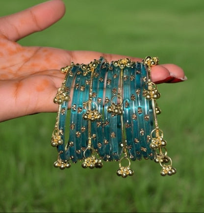 Teal Kashmiri bangles 12 pieces bangles & 4 pics ghungroo bangles size