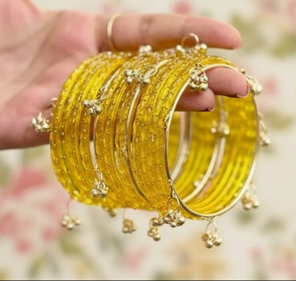Yellow  Kashmiri  bangles 12 pieces bangles &4 pics ghungroo bangles