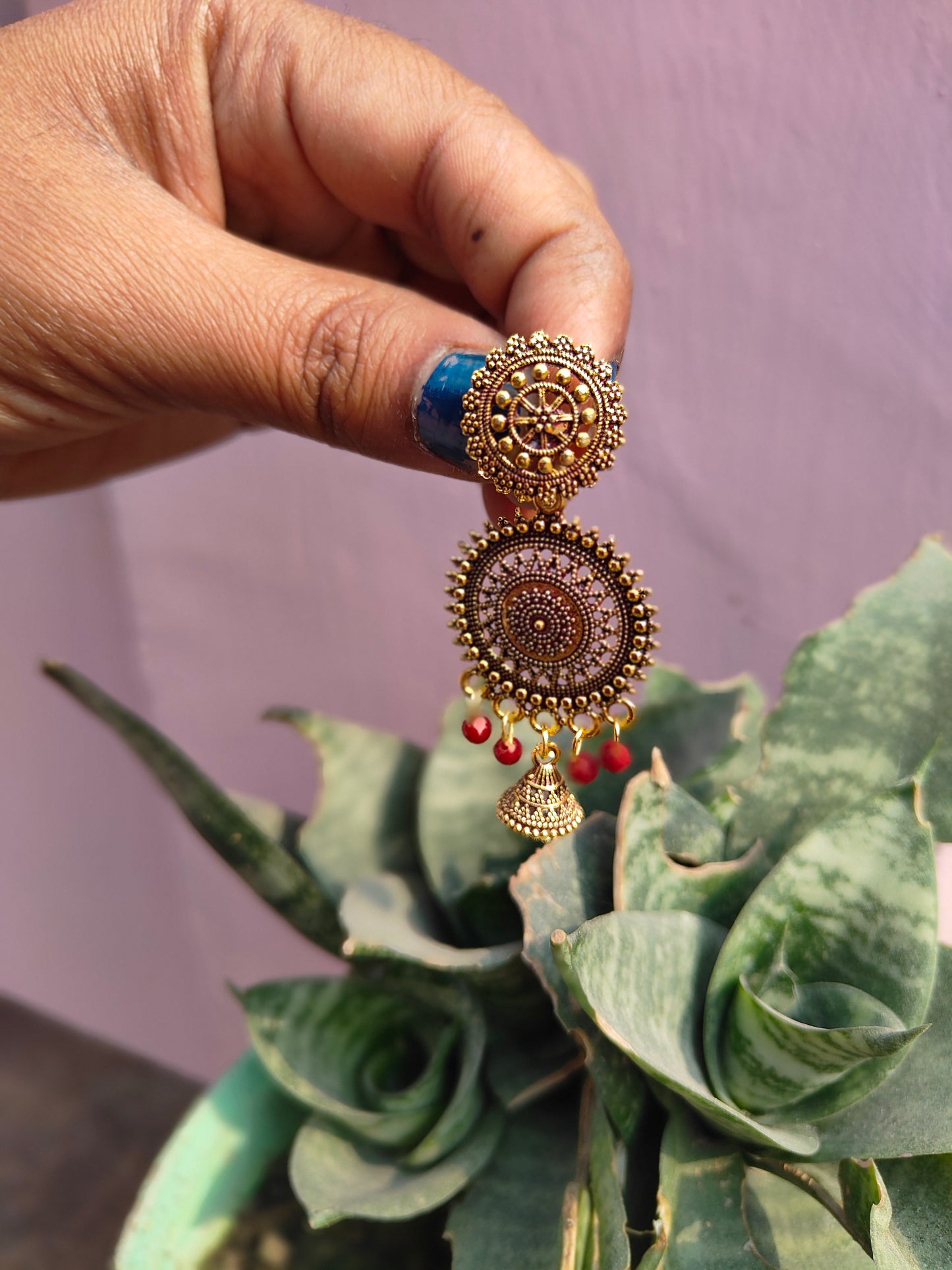 Artificial gold plated red earrings